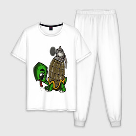 Мужская пижама хлопок с принтом Explosive turtle в Петрозаводске, 100% хлопок | брюки и футболка прямого кроя, без карманов, на брюках мягкая резинка на поясе и по низу штанин
 | взрывная | граната | забавная | опасная | черепаха