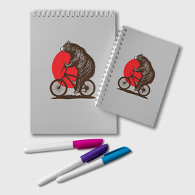 Блокнот с принтом Медведь на велосиеде в Петрозаводске, 100% бумага | 48 листов, плотность листов — 60 г/м2, плотность картонной обложки — 250 г/м2. Листы скреплены удобной пружинной спиралью. Цвет линий — светло-серый
 | вело | велосипед | медведь | солнце | спорт | япония