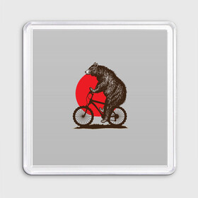 Магнит 55*55 с принтом Медведь на велосиеде в Петрозаводске, Пластик | Размер: 65*65 мм; Размер печати: 55*55 мм | вело | велосипед | медведь | солнце | спорт | япония