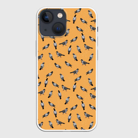 Чехол для iPhone 13 mini с принтом Голуби паттерн на желтом в Петрозаводске,  |  | голуби | голубь | домашние голуби | желтый | иллюстрация | паттерн | птица | птицы