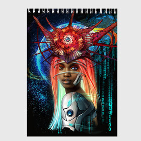 Скетчбук с принтом Cyberpunk girl в Петрозаводске, 100% бумага
 | 48 листов, плотность листов — 100 г/м2, плотность картонной обложки — 250 г/м2. Листы скреплены сверху удобной пружинной спиралью | волосы | девушка | киберпанк | корона | космос | планета