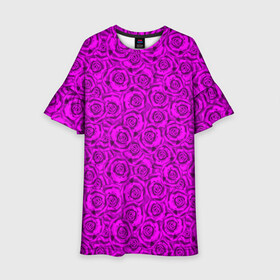 Детское платье 3D с принтом Яркий цветочный неоновый узор в Петрозаводске, 100% полиэстер | прямой силуэт, чуть расширенный к низу. Круглая горловина, на рукавах — воланы | Тематика изображения на принте: детский | женский | малиновый | неоновый узор | розы | ярко розовый
