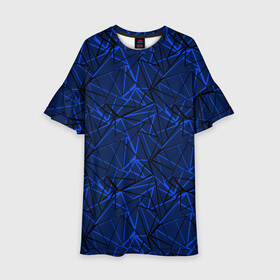 Детское платье 3D с принтом Черно-синий геометрический   в Петрозаводске, 100% полиэстер | прямой силуэт, чуть расширенный к низу. Круглая горловина, на рукавах — воланы | Тематика изображения на принте: абстрактный | геометрические фигуры | геометрический | модный | молодежный | полосы | синий | синий и черный
