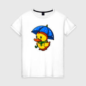 Женская футболка хлопок с принтом Утенок под зонтом в Петрозаводске, 100% хлопок | прямой крой, круглый вырез горловины, длина до линии бедер, слегка спущенное плечо | duck | дождь | зонт | милота | птица | утенок | утка | утка в шарфе