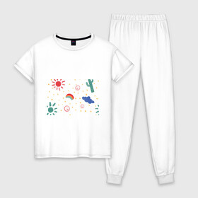 Женская пижама хлопок с принтом детский рисунок в Петрозаводске, 100% хлопок | брюки и футболка прямого кроя, без карманов, на брюках мягкая резинка на поясе и по низу штанин | горошек | детский | радуга | рисунок | смайлик | солнышко