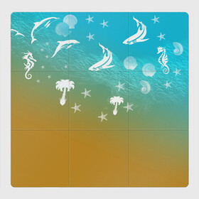 Магнитный плакат 3Х3 с принтом Морское ассорти в Петрозаводске, Полимерный материал с магнитным слоем | 9 деталей размером 9*9 см | акулы | волна | дельфины | море | морепродукты | морские животные | морской | пальмы | песок | ракушки | рыбы