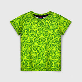 Детская футболка 3D с принтом Неоновый цветочный узор  в Петрозаводске, 100% гипоаллергенный полиэфир | прямой крой, круглый вырез горловины, длина до линии бедер, чуть спущенное плечо, ткань немного тянется | детский | женский | зеленый | лето | неоновый узор | розы | современный | яркий зеленый