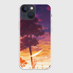 Чехол для iPhone 13 mini с принтом Закат в аниме стиле в Петрозаводске,  |  | акварель | алый закат | аниме | в аниме стиле | ветер | деревья | закат | красками | листва | облака | рассвет | рисунок | солнце | тучи