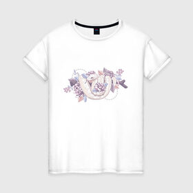 Женская футболка хлопок с принтом Белая змея и цветы в Петрозаводске, 100% хлопок | прямой крой, круглый вырез горловины, длина до линии бедер, слегка спущенное плечо | белая | букет | бутон | ветвь | ветка | гадюка | змея | питон | розовая | удав | цветы