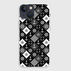 Чехол для iPhone 13 mini с принтом Черно белый морской плед в Петрозаводске,  |  | для мальчика | клетка | модный | молодежный | море | морской | пэчворк | черно белый узор | штурвал