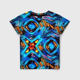 Детская футболка 3D с принтом Желто-синий абстрактный узор  в Петрозаводске, 100% гипоаллергенный полиэфир | прямой крой, круглый вырез горловины, длина до линии бедер, чуть спущенное плечо, ткань немного тянется | геометрический | желтый | модный | плетение | синий | современный | яркий синий