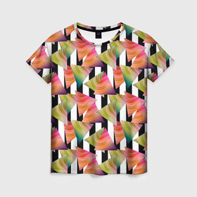 Женская футболка 3D с принтом Абстрактный полосатый узор  в Петрозаводске, 100% полиэфир ( синтетическое хлопкоподобное полотно) | прямой крой, круглый вырез горловины, длина до линии бедер | абстрактный | геометрические фигуры | молодежный | полосатый | радужный | черные полосы