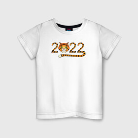 Детская футболка хлопок с принтом Год Тигра 2022 с мордочкой в Петрозаводске, 100% хлопок | круглый вырез горловины, полуприлегающий силуэт, длина до линии бедер | Тематика изображения на принте: 2022 | дата | животное | полоски | символ | тигр | хвост