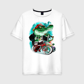 Женская футболка хлопок Oversize с принтом Крокодил в Петрозаводске, 100% хлопок | свободный крой, круглый ворот, спущенный рукав, длина до линии бедер
 | байк | банда | колесо | крокодил | пасть