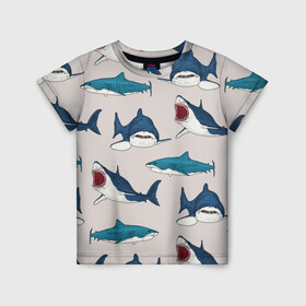 Детская футболка 3D с принтом Кровожадные акулы паттерн в Петрозаводске, 100% гипоаллергенный полиэфир | прямой крой, круглый вырез горловины, длина до линии бедер, чуть спущенное плечо, ткань немного тянется | Тематика изображения на принте: shark | акулы | кровожадные акулы | морские обитатели | опасный | паттерн | синий