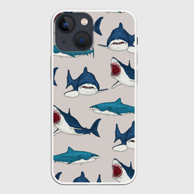 Чехол для iPhone 13 mini с принтом Кровожадные акулы паттерн в Петрозаводске,  |  | shark | акулы | кровожадные акулы | морские обитатели | опасный | паттерн | синий