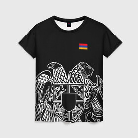 Женская футболка 3D с принтом Герб Армении и флаг в Петрозаводске, 100% полиэфир ( синтетическое хлопкоподобное полотно) | прямой крой, круглый вырез горловины, длина до линии бедер | армения | герб | лев и орел | лого | символ | флаг | флаг и герб армении