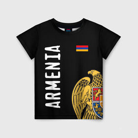 Детская футболка 3D с принтом ARMENIA в Петрозаводске, 100% гипоаллергенный полиэфир | прямой крой, круглый вырез горловины, длина до линии бедер, чуть спущенное плечо, ткань немного тянется | Тематика изображения на принте: armenia | армения | герб | лев и орел | лого | символ | флаг | флаг и герб армении