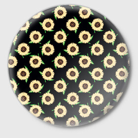 Значок с принтом Подсолнухи паттерн в Петрозаводске,  металл | круглая форма, металлическая застежка в виде булавки | желтый | зеленый | паттерн | подсолнухи | цветы | черный