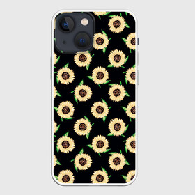 Чехол для iPhone 13 mini с принтом Подсолнухи паттерн в Петрозаводске,  |  | желтый | зеленый | паттерн | подсолнухи | цветы | черный
