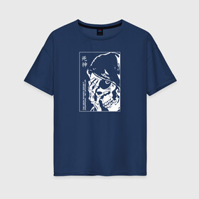 Женская футболка хлопок Oversize с принтом Мрачный жнец в Петрозаводске, 100% хлопок | свободный крой, круглый ворот, спущенный рукав, длина до линии бедер
 | death | жнец | иероглифы | монстр | скелет | цитата | череп