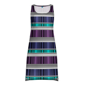 Платье-майка 3D с принтом Бирюзово-сиреневый полосатый  в Петрозаводске, 100% полиэстер | полуприлегающий силуэт, широкие бретели, круглый вырез горловины, удлиненный подол сзади. | абстрактный | бирюзовый | модный | разноцветный полосы | серый | современный | фиолетовый