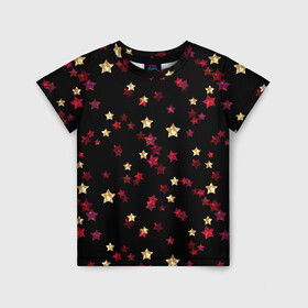 Детская футболка 3D с принтом Блестящие звезды на черном в Петрозаводске, 100% гипоаллергенный полиэфир | прямой крой, круглый вырез горловины, длина до линии бедер, чуть спущенное плечо, ткань немного тянется | абстрактный | блеск | детский | женский | звезды | золото | золотые звезды