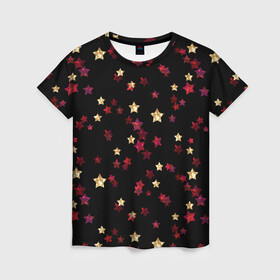 Женская футболка 3D с принтом Блестящие звезды на черном в Петрозаводске, 100% полиэфир ( синтетическое хлопкоподобное полотно) | прямой крой, круглый вырез горловины, длина до линии бедер | абстрактный | блеск | детский | женский | звезды | золото | золотые звезды
