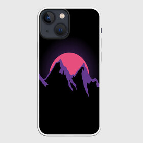 Чехол для iPhone 13 mini с принтом горы на фоне заката в Петрозаводске,  |  | 80s | горы | закат | киберпанк | минимализм | неон | неоновый закат | розовое солнце | розовый | фиолетовый