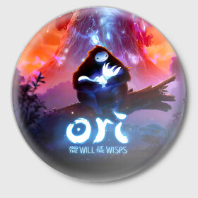 Значок с принтом Ori and the Will of the Wisps в Петрозаводске,  металл | круглая форма, металлическая застежка в виде булавки | adventure | asleep | forest spirit | naru | night | ori and the will of the wisps | orient | pc game | volcanic eruption | дух леса | извержение вулкана | компьютерная игра | нару | ночь | ори | ори и блуждающие огоньки | приключения | спит