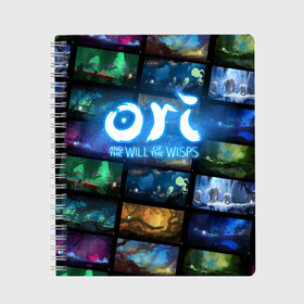 Тетрадь с принтом Ori and the Will of the Wisps в Петрозаводске, 100% бумага | 48 листов, плотность листов — 60 г/м2, плотность картонной обложки — 250 г/м2. Листы скреплены сбоку удобной пружинной спиралью. Уголки страниц и обложки скругленные. Цвет линий — светло-серый
 | adventure | collage | computer game | frames | ori | ori and the will of the wisps | spirit of the forest | дух леса | кадры | коллаж | компьютерная игра | ори | ори и блуждающие огоньки | приключения