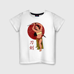 Детская футболка хлопок с принтом Женщина ронин в Петрозаводске, 100% хлопок | круглый вырез горловины, полуприлегающий силуэт, длина до линии бедер | воин | иллюстрация | катана | ронин | самурай | япония