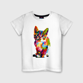 Детская футболка хлопок с принтом Разноцветный кот в Петрозаводске, 100% хлопок | круглый вырез горловины, полуприлегающий силуэт, длина до линии бедер | Тематика изображения на принте: colorful | иллюстрация | кот | котенок | котик