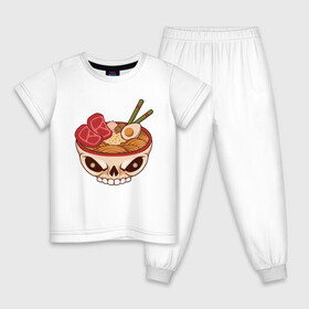 Детская пижама хлопок с принтом Лапша в черепе в Петрозаводске, 100% хлопок |  брюки и футболка прямого кроя, без карманов, на брюках мягкая резинка на поясе и по низу штанин
 | Тематика изображения на принте: еда | китайская лапша | лапша | мясо | роллтон | череп | японское блюдо