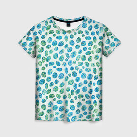 Женская футболка 3D с принтом Драгоценные зеленые камешки в Петрозаводске, 100% полиэфир ( синтетическое хлопкоподобное полотно) | прямой крой, круглый вырез горловины, длина до линии бедер | абстракция | блестящие | драгоценные камни | зеленый | изумрудный | пятна