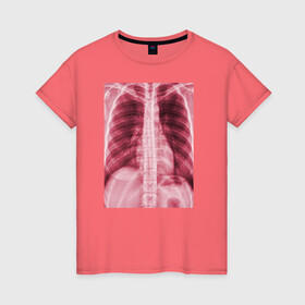Женская футболка хлопок с принтом Грудная клетка в Петрозаводске, 100% хлопок | прямой крой, круглый вырез горловины, длина до линии бедер, слегка спущенное плечо | x ray | грудная клетка | кости | неоновые принты | рентген