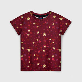 Детская футболка 3D с принтом Россыпи золотых звезд в Петрозаводске, 100% гипоаллергенный полиэфир | прямой крой, круглый вырез горловины, длина до линии бедер, чуть спущенное плечо, ткань немного тянется | блеск | блестящий | детский | звезды | золото | золотой и красный | красный | модный