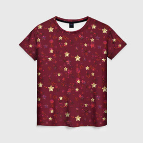 Женская футболка 3D с принтом Россыпи золотых звезд в Петрозаводске, 100% полиэфир ( синтетическое хлопкоподобное полотно) | прямой крой, круглый вырез горловины, длина до линии бедер | блеск | блестящий | детский | звезды | золото | золотой и красный | красный | модный