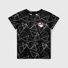 Детская футболка 3D с принтом Черно-белый геометрический  в Петрозаводске, 100% гипоаллергенный полиэфир | прямой крой, круглый вырез горловины, длина до линии бедер, чуть спущенное плечо, ткань немного тянется | абстрактный | аппликация | геометрический | модный | треугольники | футбол | футбольный клуб | черно белый | черный фон