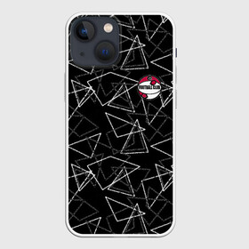Чехол для iPhone 13 mini с принтом Черно белый геометрический в Петрозаводске,  |  | абстрактный | аппликация | геометрический | модный | треугольники | футбол | футбольный клуб | черно белый | черный фон