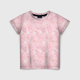 Детская футболка 3D с принтом Нежно розовые цветы с блеском в Петрозаводске, 100% гипоаллергенный полиэфир | прямой крой, круглый вырез горловины, длина до линии бедер, чуть спущенное плечо, ткань немного тянется | блеск | блестки | детский | золото | малышам | нежно розовый | розовые цветы | розовый и золотой