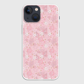 Чехол для iPhone 13 mini с принтом Нежно розовые цветы с блеском в Петрозаводске,  |  | блеск | блестки | детский | золото | малышам | нежно розовый | розовые цветы | розовый и золотой