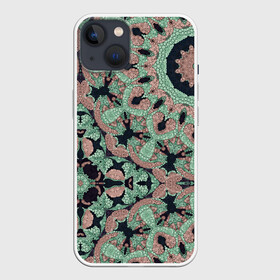 Чехол для iPhone 13 с принтом зелено бежевый калейдоскоп в Петрозаводске,  |  | абстрактный | в горошек | восточный | калейдоскоп | коричневый и зеленый | модный | фисташковый | этнический