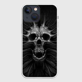 Чехол для iPhone 13 mini с принтом ЧЕРЕП С КЛЫКАМИ в Петрозаводске,  |  | dark | death | fear | skelet | skull | байкерам | голова | готика | клыки | кости | крик | оскал | скелет | тьма | ужас | череп | черный