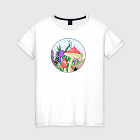 Женская футболка хлопок с принтом Грибы в Петрозаводске, 100% хлопок | прямой крой, круглый вырез горловины, длина до линии бедер, слегка спущенное плечо | грибы | закат | мухоморы | растения
