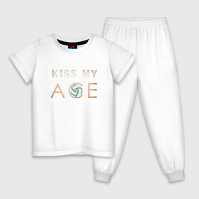 Детская пижама хлопок с принтом Kiss My Ace в Петрозаводске, 100% хлопок |  брюки и футболка прямого кроя, без карманов, на брюках мягкая резинка на поясе и по низу штанин
 | ball | beach | game | sport | volley | volleyball | волейбол | волейболист | волейболистка | гол | игра | игрок | мяч | площадка | пляж | пляжный | победа | сетка | спорт | тренер | чемпион