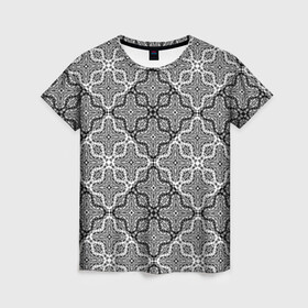 Женская футболка 3D с принтом Черно-белый орнамент  в Петрозаводске, 100% полиэфир ( синтетическое хлопкоподобное полотно) | прямой крой, круглый вырез горловины, длина до линии бедер | абстрактный | ажурный | арабский | восточный | кружева | кружевной | современный | черно белый | черный
