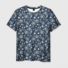 Мужская футболка 3D с принтом Синий цветочный узор  в Петрозаводске, 100% полиэфир | прямой крой, круглый вырез горловины, длина до линии бедер | деревенский | детский | для девочек | женский | ретро | синий | цветочный узор | цветы