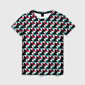 Женская футболка 3D с принтом Красно-черный абстрактный узор в Петрозаводске, 100% полиэфир ( синтетическое хлопкоподобное полотно) | прямой крой, круглый вырез горловины, длина до линии бедер | абстрактный | геометрические фигуры | модный | молодежный | ртеугольники | современный