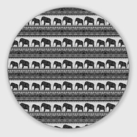 Коврик для мышки круглый с принтом Черно-белый узор слоны в Петрозаводске, резина и полиэстер | круглая форма, изображение наносится на всю лицевую часть | Тематика изображения на принте: африканский | монохромный узор | орнамент | полосы | серый | серый и черный | слоны | этнический